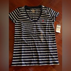Polo Ralph Lauren navy blue & white striped v neck t shirt Nwt